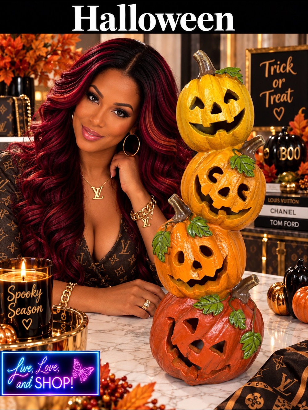 DECOR: Stacked LED Pumpkin Jack-O'-Lantern Table Accent, EUC